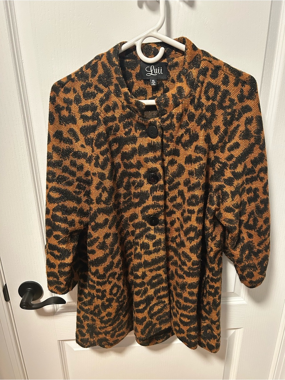 Luii Leopard-Print Button Front Pea Coat in Brown and Black